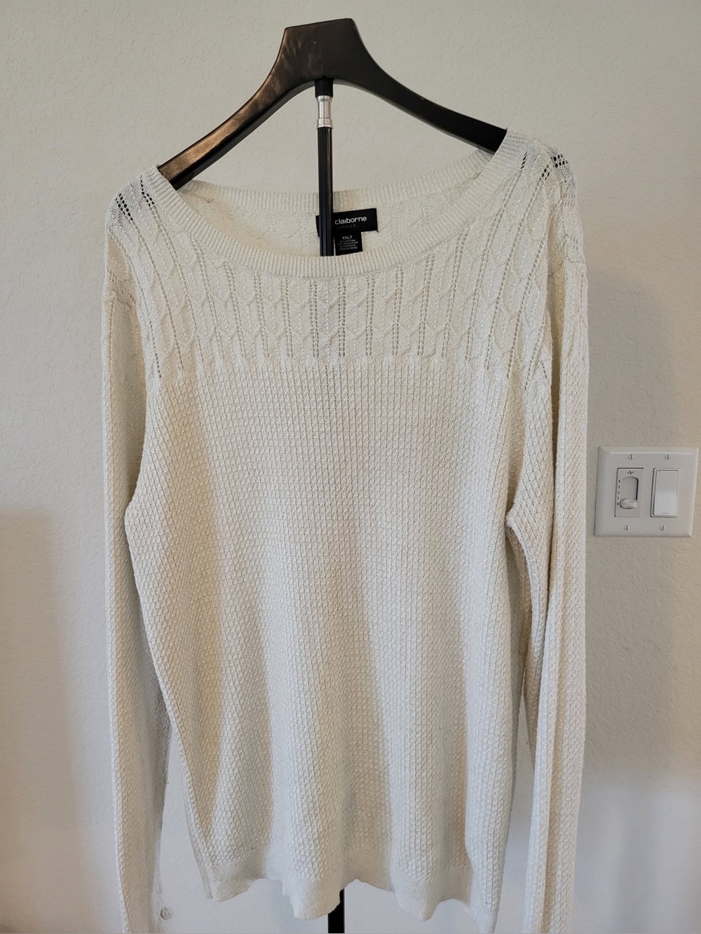 Liz Claiborne Career XXL T White Metallic Knit Sweater Long Sleeve Textured